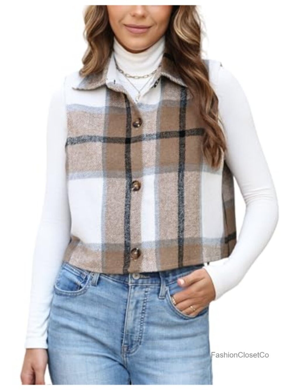 Womens Cropped Plaid Button Down Vest Sleeveless Shirt Jacket Fall Layering